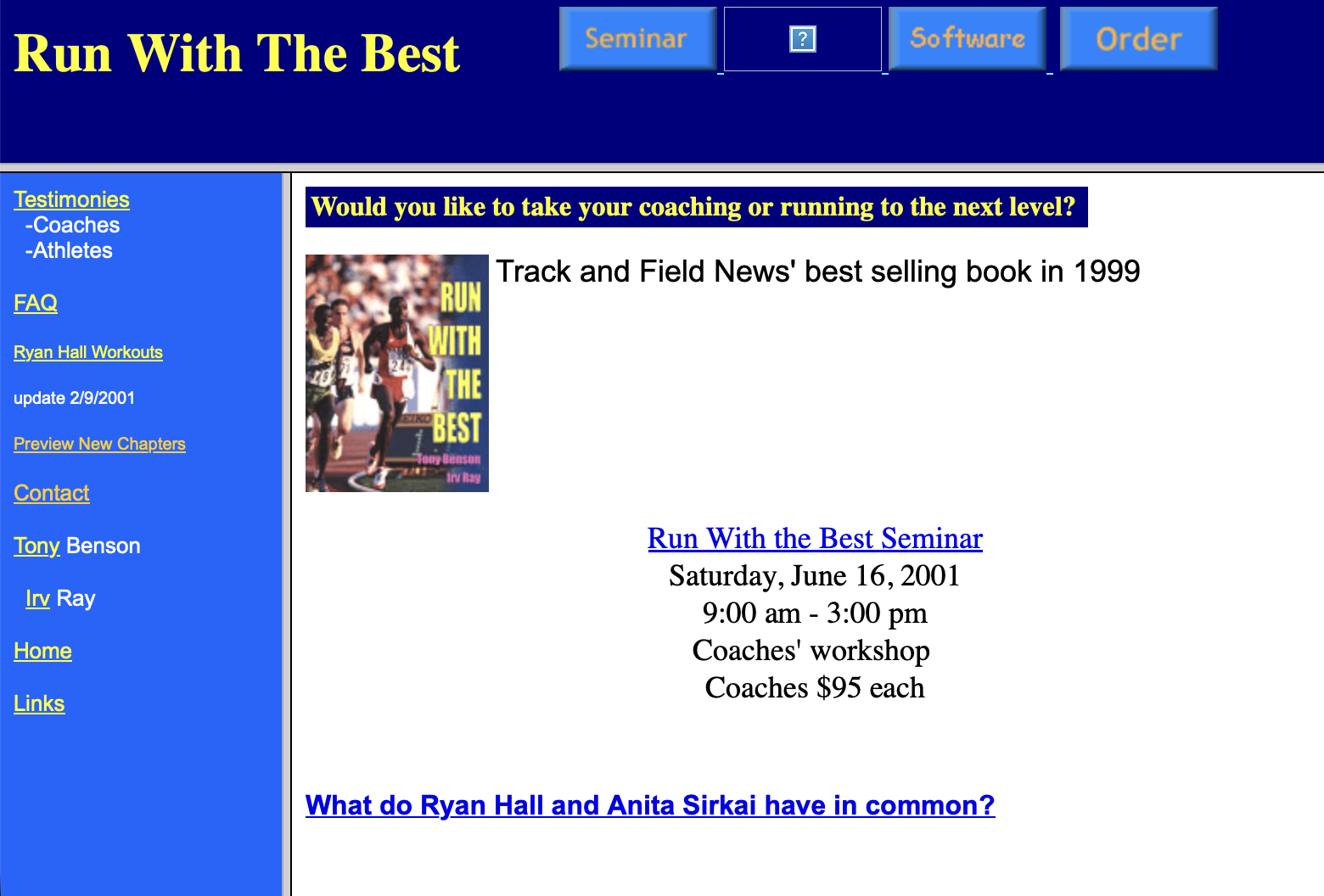 Screenshot of a website with the title: Run With The Best. It is an old website with a blue and yellow color scheme that uses iframes.